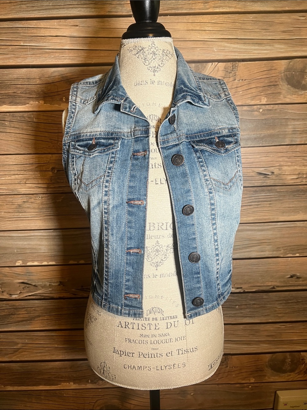 Wallflower Denim Vest in Light Blue with Cream Embroidery